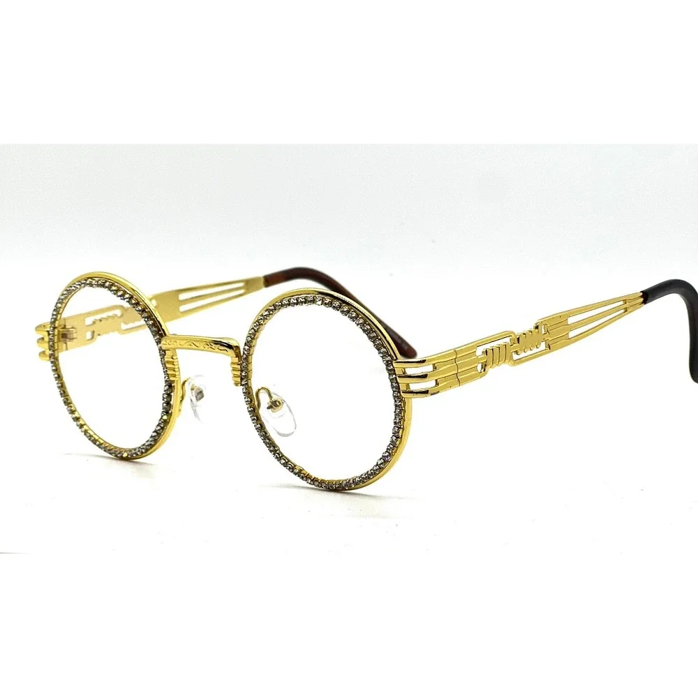 Rhinestone Sunglasses Round Frame Gold Metal Frame Men's Fashion Street Wear New